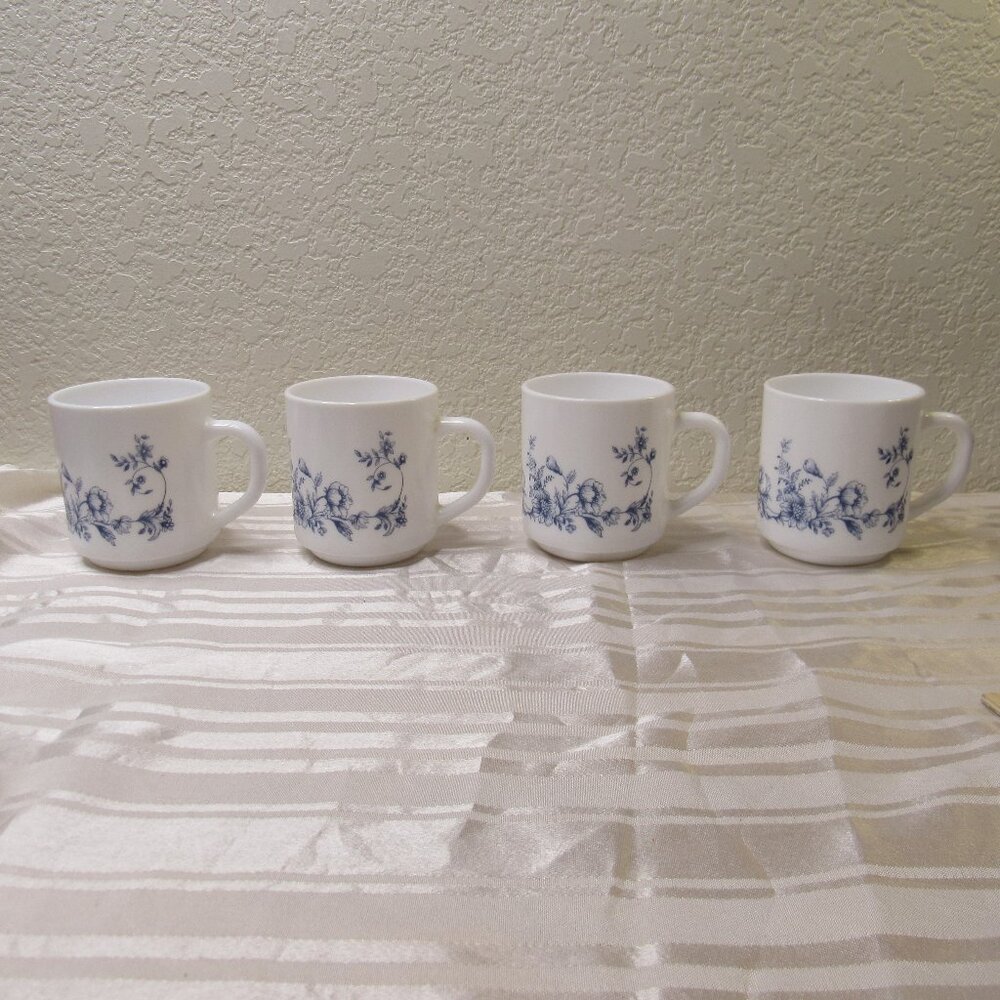 Vintage Arcopal Coffee Tea Cup Mugs Glenwood Blue White Floral Set of 4 France